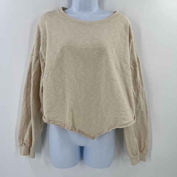 FP Beach Boho Crop Top L Large Beige Slouchy High Low Hem 100% Cotton Knit - Picture 10 of 10